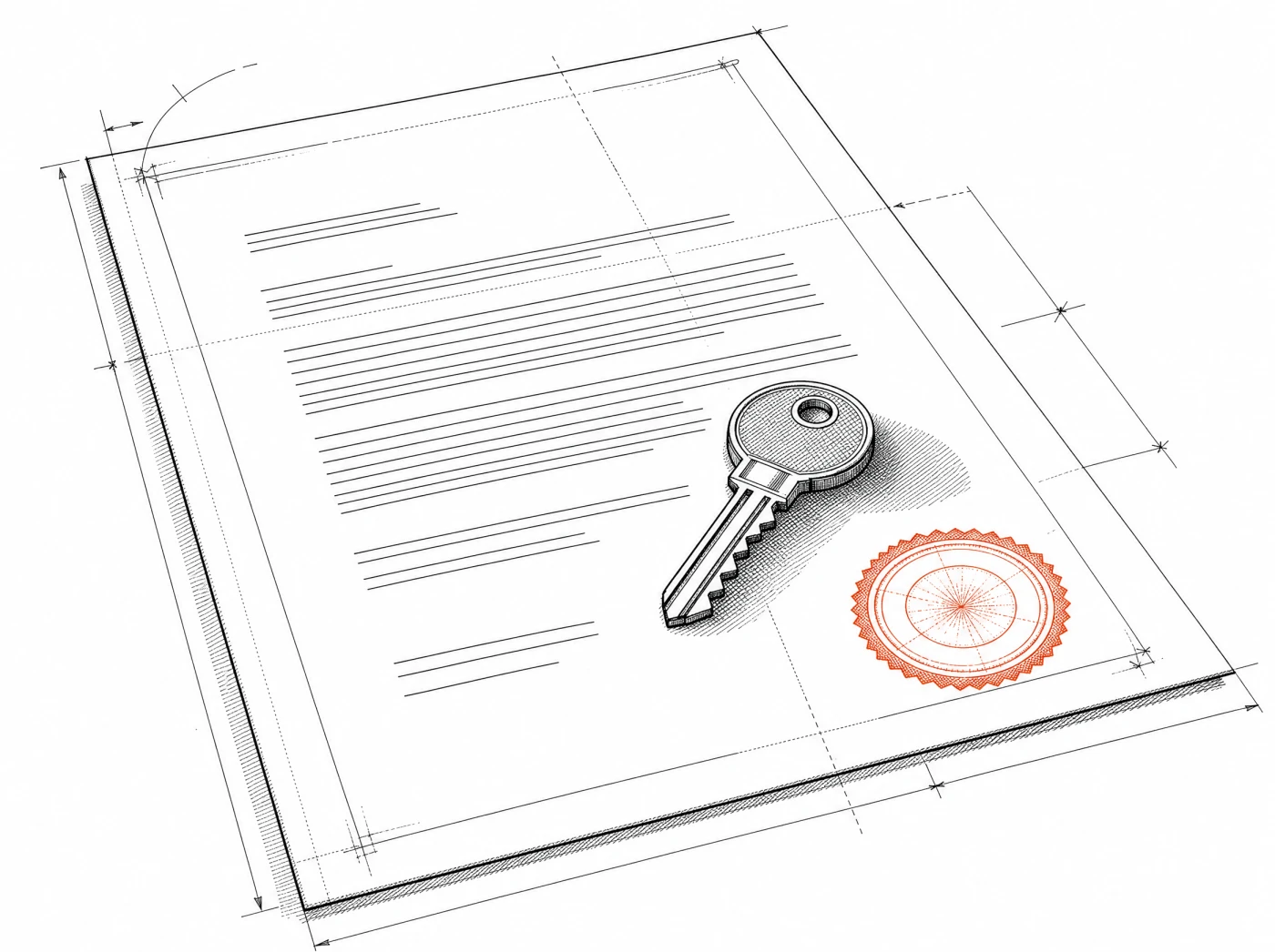A stamped contract sheet with a key resting on it