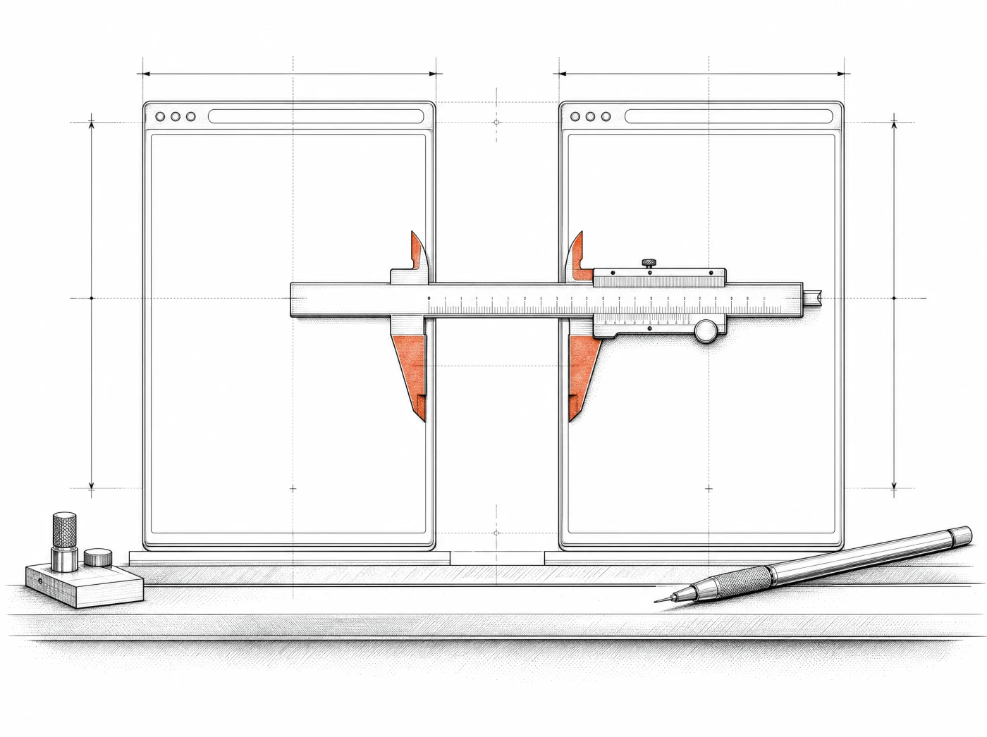 A vernier caliper spanning two identical browser windows
