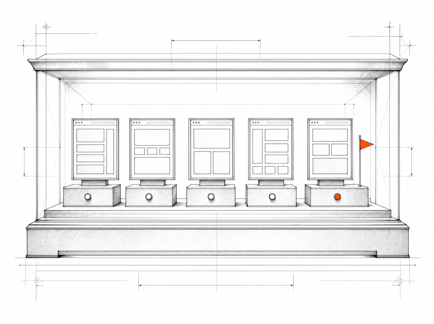 A display case of five exported sites on pedestals, each with its indicator lamp